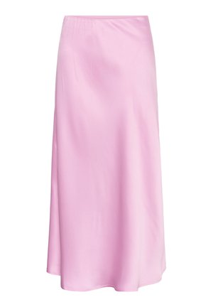 Jupe rose clair, longueur cheville, légèrement brillante avec une ceinture froncée, présentée sur un fond blanc.