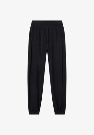 Pantaloni jogger neri con cintura elastica, due tasche laterali e polsini affusolati. Realizzati in materiale morbido e leggero.