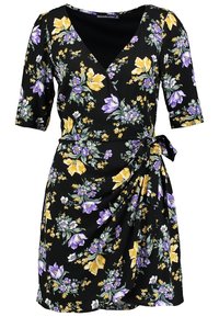 Schwarzes Blumenkleid mit gelben, lila und weißen Blumen. Kurzärmel, V-Ausschnitt und eine Schleifenakzent in der Taille. Glattes Material.