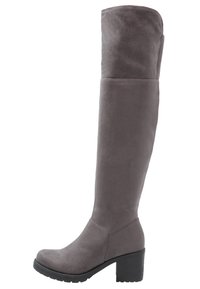 Oberschenkelhohe graue Wildlederstiefel mit glatter Textur, runder Spitze und einem massiven schwarzen Absatz, die ein minimalistisches Design ohne Verzierungen aufweisen.