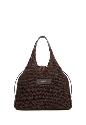 Sac à main tissé marron en matière tricotée texturée, avec une forme arrondie, des accents en cuir et un haut froncé pour un accès facile.
