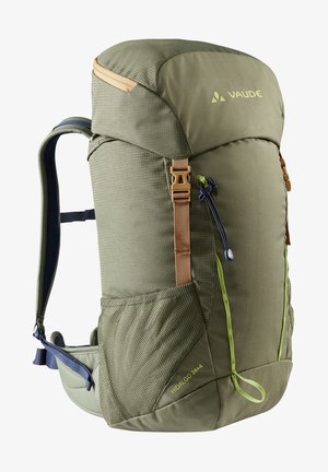 Zaino da trekking verde con finitura texture, spallacci regolabili, tasca laterale in rete e dettagli hardware a contrasto. Modello: Hidalgo 24+4.