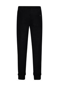 Schwarze Jogginghosen aus Baumwolle mit elastischem Bund, Bündchen an den Knöcheln und einer einzelnen Gesäßtasche. Einfaches Design, keine sichtbaren Muster oder Akzente.