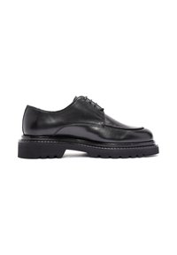 Schwarzer Lederschuh mit glatter Oberfläche, runder Zehenform, fünf Ösen und einer dicken, strukturierten Gummisohle mit Profilmustern.