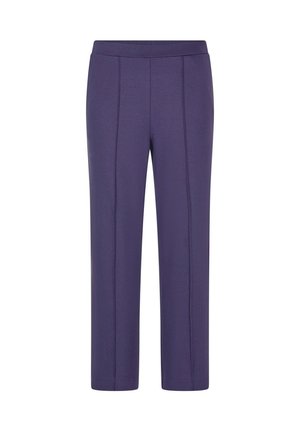 Gerade geschnittene, mittel-hoch geschnittene lila Hosen mit vorderen Nahtdetails und einem taillierten Bund, auf einem weißen Hintergrund präsentiert.