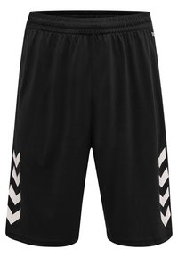 Black athletic shorts with an elastic waistband, featuring white chevron patterns on the sides and smooth, lightweight fabric.