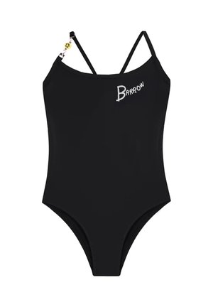 Costume intero nero con spalline sottili, caratterizzato dal logo "BARROW" in strass. Texture liscia e forma semplice con una gamba alta.