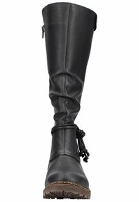 Botte en cuir noire à hauteur de genou avec un bout rond, un design froncé, une fermeture éclair latérale et un accent tressé autour de la cheville pour plus de détails.