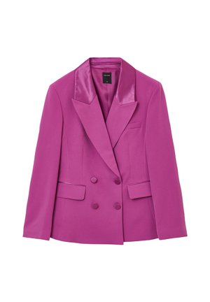 Blazer doppiopetto in tessuto rosa vivace con rever in raso, due tasche frontali e quattro bottoni coordinati sul davanti.