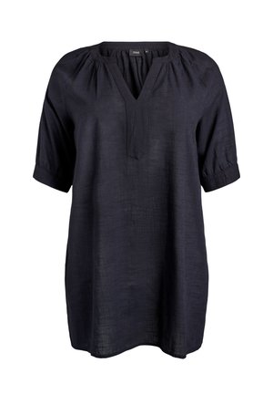 Tamsiai mėlyna lininė palaidinė su V formos iškirpte, pūstomis rankovėmis ir languota laisva forma. Audinys su tekstūra ir subtiliomis siūlių detalėmis.