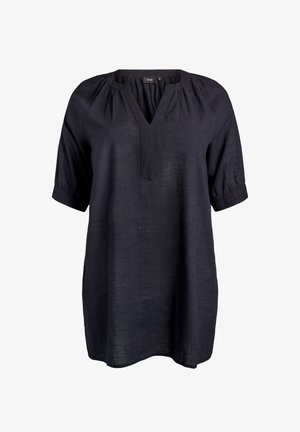 Tamsiai mėlyna lininė palaidinė su V formos iškirpte, pūstomis rankovėmis ir languota laisva forma. Audinys su tekstūra ir subtiliomis siūlių detalėmis.