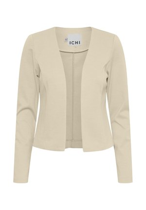 Blazer beige avec une texture lisse, à l'avant ouvert, manches longues et un design minimaliste. L'étiquette indique "ICHI" au niveau du col.