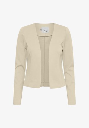 Beige blazer with a smooth texture, open front, long sleeves, and a minimalist design. Label reads "ICHI" at the neckline.