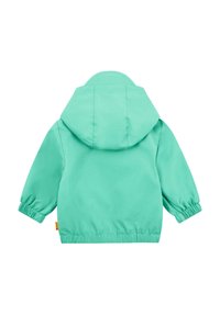 Lehká, mentolově zelená bunda vyrobená z hladké tkaniny, s kapucí, elastickými manžetami a nařaseným lemem pro volný střih.