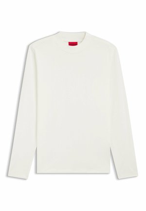 Long-sleeve, crew-neck shirt in off-white fabric with smooth texture. Features a red "HUGO" label on the neck. Simple, unadorned design.