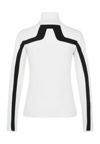 Maglietta a maniche lunghe realizzata in tessuto elasticizzato; bianca con accenti neri lungo le spalle e le maniche; design con colletto alto.