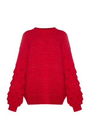 Piros kötött pulóver kerek nyakkivágással, texturált puffos ujjal és bordázott aljjal. A design sima felületű és élénk színű.