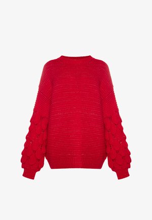 Maglioncino rosso lavorato a maglia con scollatura rotonda, caratterizzato da maniche voluminose texturizzate e orlo a coste. Il design ha una finitura liscia e un colore vivace.