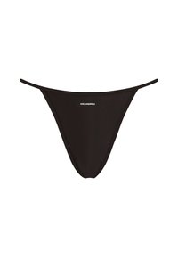 Zwarte tang onderbroek van gladde stof, met dunne zijkanten en een klein merklabel met "KARL LAGERFELD" aan de voorkant.