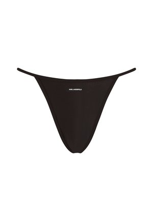 Zwarte tang onderbroek van gladde stof, met dunne zijkanten en een klein merklabel met "KARL LAGERFELD" aan de voorkant.