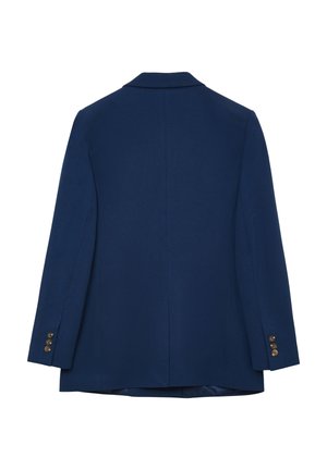 Blazer blu navy con colletto a punta, texture liscia, spacco singolo sul retro e tre bottoni dorati su ciascun maniche.