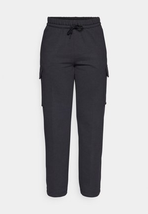 Schwarze Jogger-Hosen aus einem Baumwoll-Mischgewebe, mit elastischem Bund, Kordelzug und zwei seitlichen Cargo-Taschen.