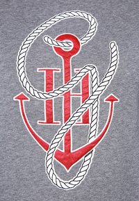 Tela gris con un diseño gráfico de ancla roja y cuerda. El ancla presenta elementos estilizados y detalles de textura en capas.