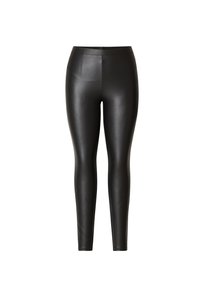 Zwarte neplederen leggings met een gladde, glanzende afwerking, voorzien van een hoge tailleband en een slim, taps toelopende pasvorm van heup tot enkel.