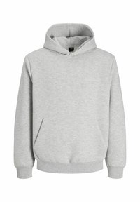 Grauer Hoodie aus weicher Baumwolle, mit einer Vorderasche, Kapuze mit Kordelzug und gerippten Bündchen und Saum. Minimalistisches Design, keine Logos.