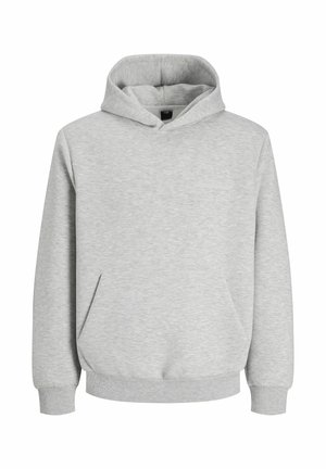 Gray hoodie made of soft fabric, featuring a front pocket, drawstring hood, and ribbed cuffs and hem. Minimalistic design, no logos.