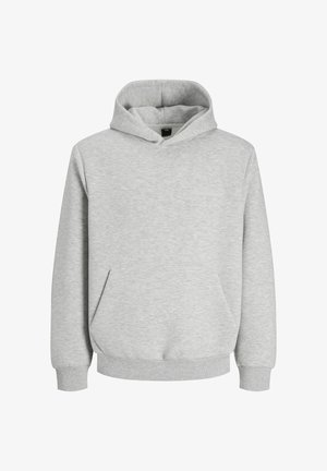 Siva dukserica od mekog materijala, sa prednjim džepom, kapuljačom sa vezicama i rebrastim manžetama i rubom. Minimalistički dizajn, bez logotipa.