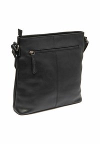 Borsa a tracolla in pelle nera con tasca con zip sul davanti, tracolla regolabile e dettagli cuciti.