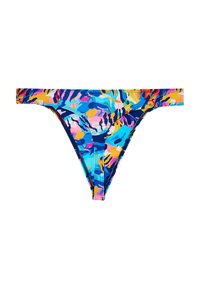 Mehrfarbige, abstrakt gemusterte Damen-Bikinihose mit einem tiefen Schnitt und schmalen Seiten auf weißem Hintergrund.