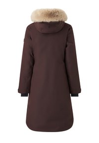 Bruine waterdichte parka jas met een afneembare imitatiebontkraag aan de capuchon, lange mouwen en elastische manchetten. Strak, minimalistisch ontwerp.