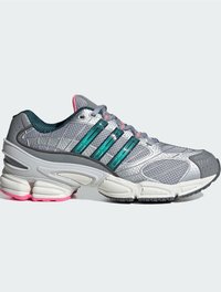 Sportska obuća s gornjim dijelom od sive mrežice, tirkiznim prugama, ružičastim akcentima i potplatom od bijele pjene. Ima teksturirani dizajn za prozračnost.