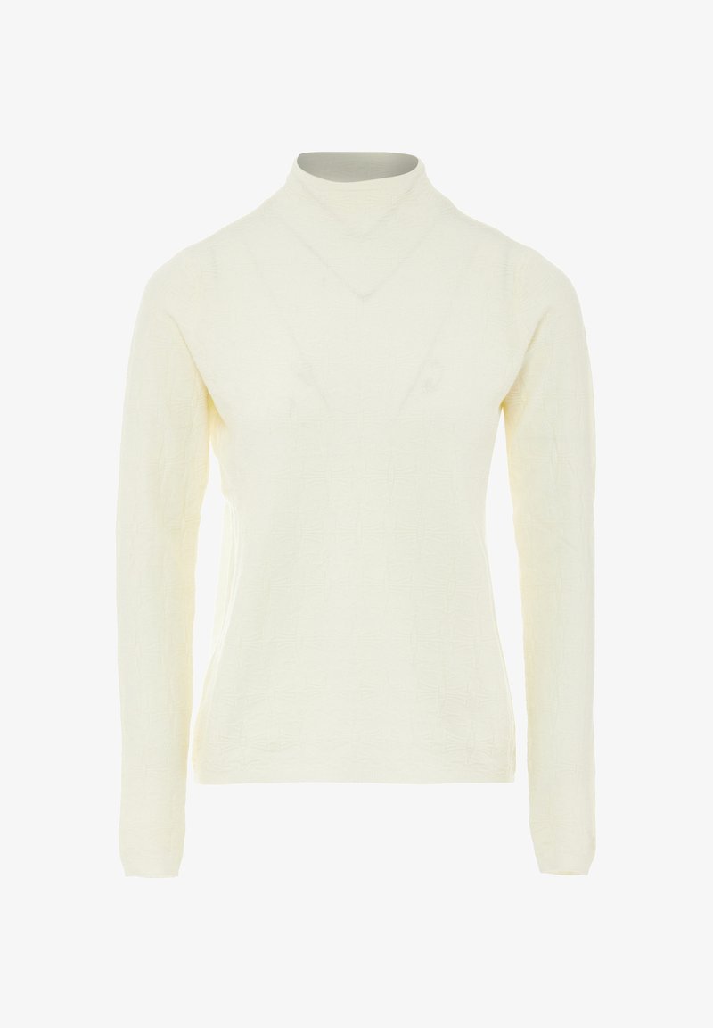 Krém színű, hosszú ujjú, magas nyakú póló, texturált anyagból, finom geometrikus mintázattal és testhez simuló fazonnal.