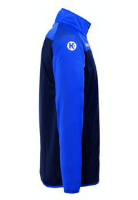 Marineblau und blaue Zip-Jacke mit hohem Kragen, langen Ärmeln und seitlichen Taschen; aus weichem, strukturiertem Stoff mit kontrastierenden Farben.