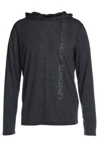Ciemnoszara bluza z kapturem z długim rękawem, wykonana z miękkiego materiału, z subtelnym logo w jaśniejszym odcieniu po prawej stronie.