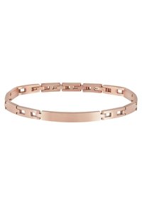 Bracciale in oro rosa con maglie intrecciate, caratterizzato da una superficie liscia e piatta e accenti rettangolari. La finitura del metallo è lucida con una texture opaca.