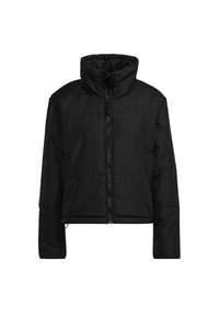 Zwarte cropped pufferjack met hoge kraag, ritssluiting, zijzakken en een gladde, licht glanzende textuur. Geen zichtbare patronen of accenten.