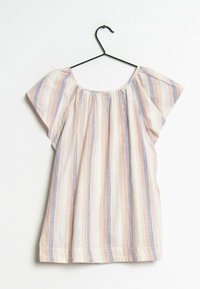 Top a maniche corte in tessuto leggero con righe orizzontali in colori pastello di rosa, blu e crema. Vestibilità ampia con scollatura arricciata.