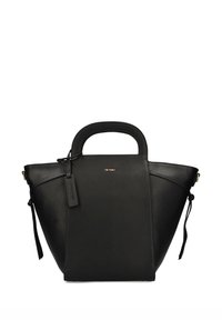 Black leather tote bag with a structured, cone shape. Features a top handle, side drawstrings, and a small tag attached. Smooth texture.