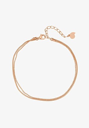 Bracelet à double chaîne en or rose avec des maillons en perles et lisses, doté d'un fermoir à lobster et d'une chaîne d'extension avec un pendentif en forme de cœur.