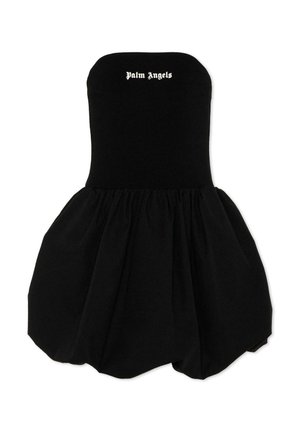 Robe noire sans bretelles avec une jupe ample et plissée, et le logo « Palm Angels » en lettres gothiques blanches sur la poitrine.