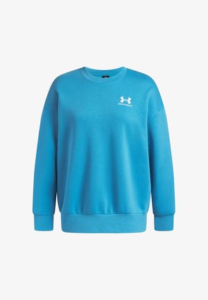Niebieska bluza z miękkiego materiału, z długimi rękawami, okrągłym dekoltem i białym logo Under Armour na przedzie. Elastyczne mankiety i dół.