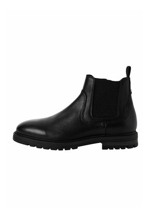 Bottines Chelsea en cuir noir avec une finition texturée, des panneaux latéraux élastiques, une languette et une semelle en caoutchouc robuste.