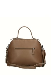 Borsa a tracolla in pelle marrone con texture, di forma arrotondata, una tasca con zip frontale, una maniglia corta e una tracolla rimovibile.