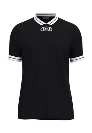 Zwart sportshirt met korte mouwen, witte V-halskraag en mouwboorden, met het JAKO Sport-logo op de borst en binnen in de kraag.