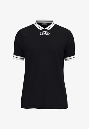 Zwart sportshirt met korte mouwen, witte V-halskraag en mouwboorden, met het JAKO Sport-logo op de borst en binnen in de kraag.