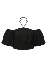 Sort off-the-shoulder top med puffede ærmer, smocket talje og tynd halterneck-snøring. Lavet af letvægtsstof med en glat tekstur.